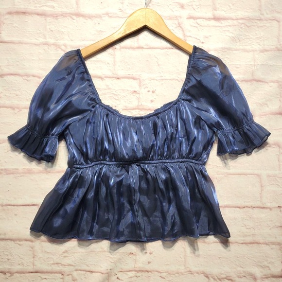 Thirty Third LA Babydoll Fairycore Crop Top Womens Large Blue Puff Sleeve Sheer - Picture 2 of 10